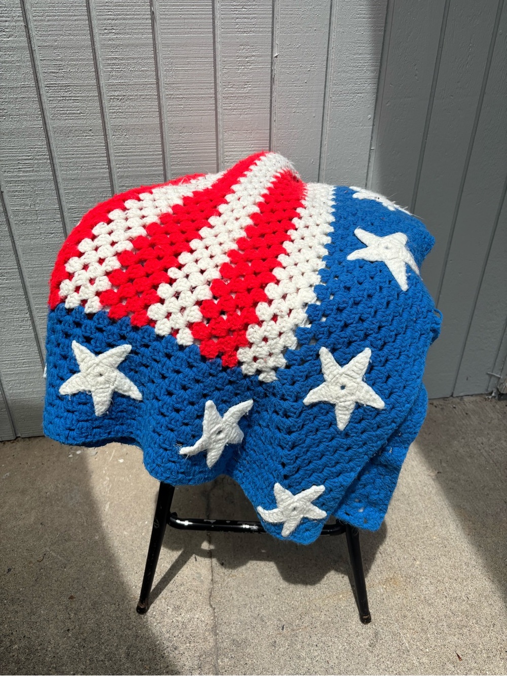 Vintage Patriotic Red, White & Blue Crochet Throw Blanket